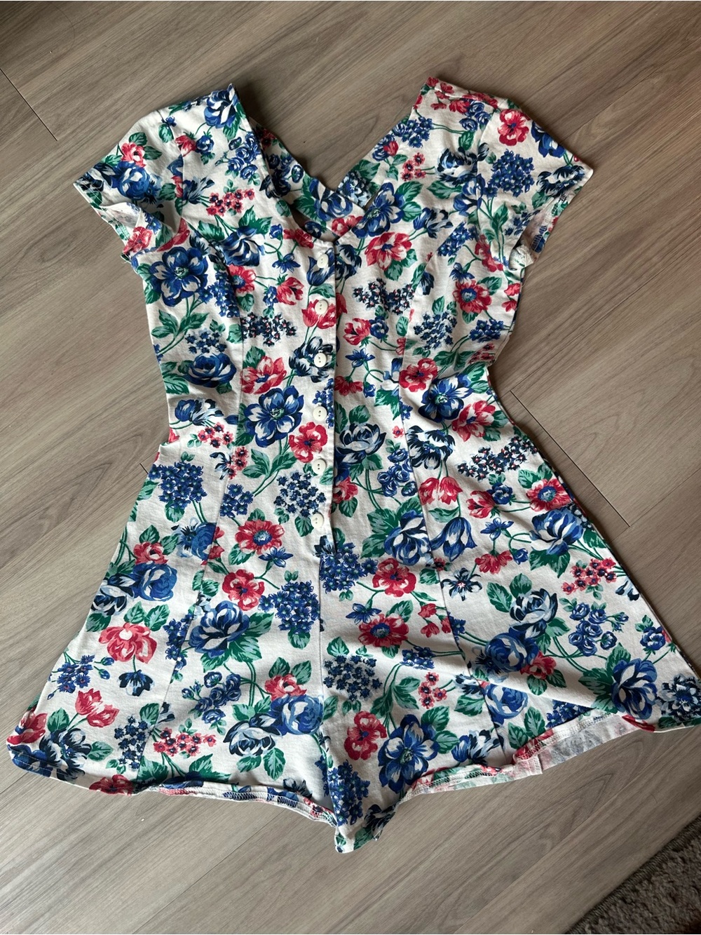 Vintage Hana 90s Floral Red/Blue Cotton Romper Size Small Womens